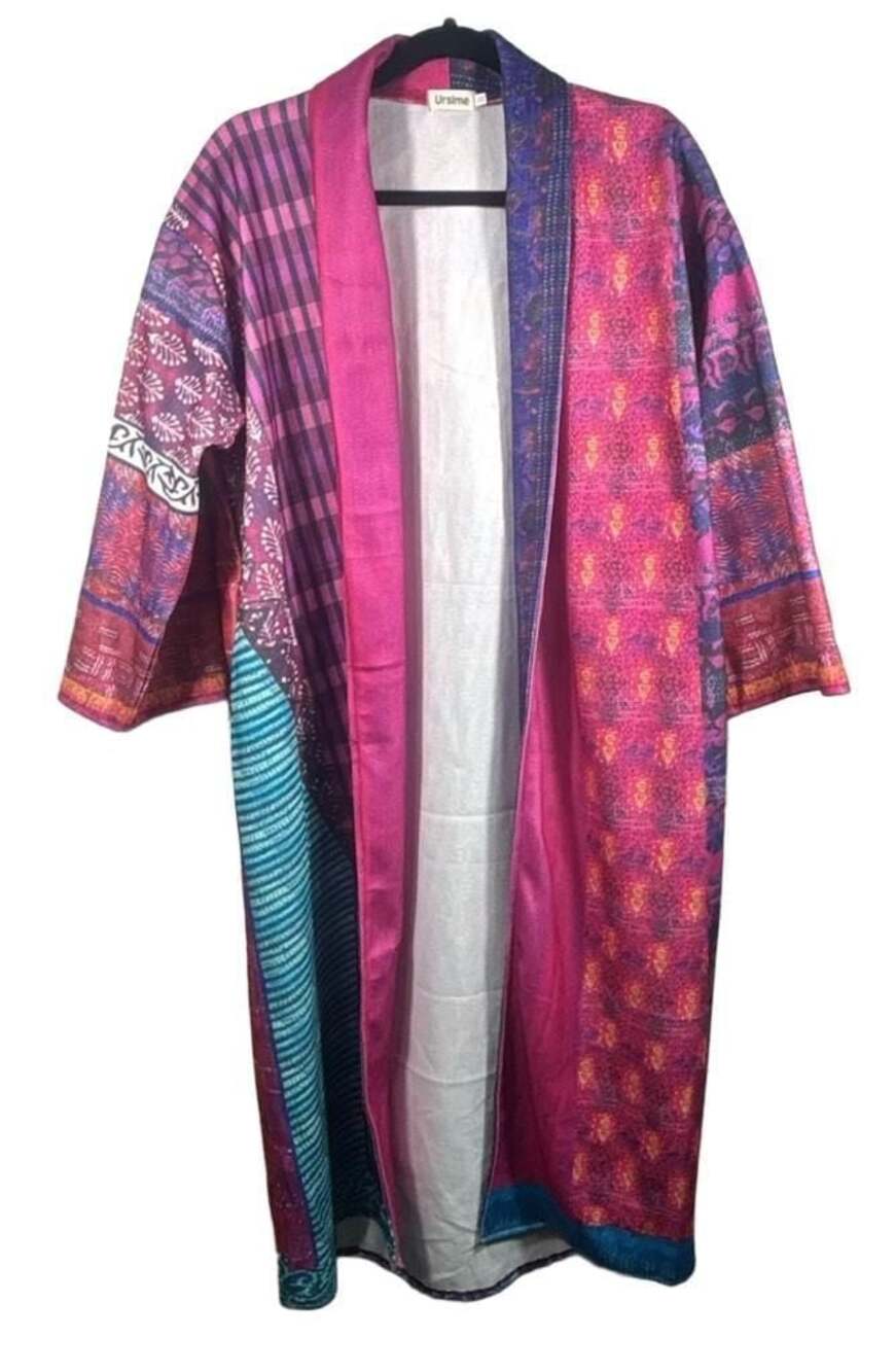 Ursime Women’s S Pink Multi Patchwork Long Open Front Duster Cardigan